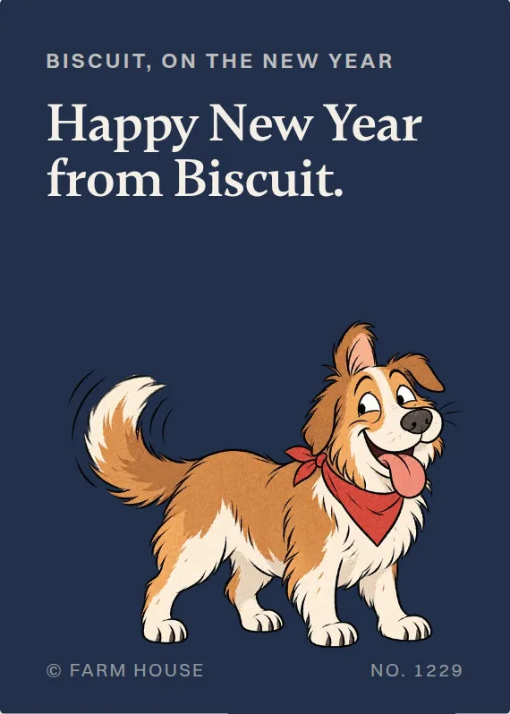Biscuit new year’s day card: Happy New Year from Biscuit.