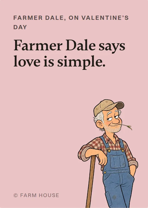 Farmer Dale valentine’s day card: Farmer Dale says love is simple.