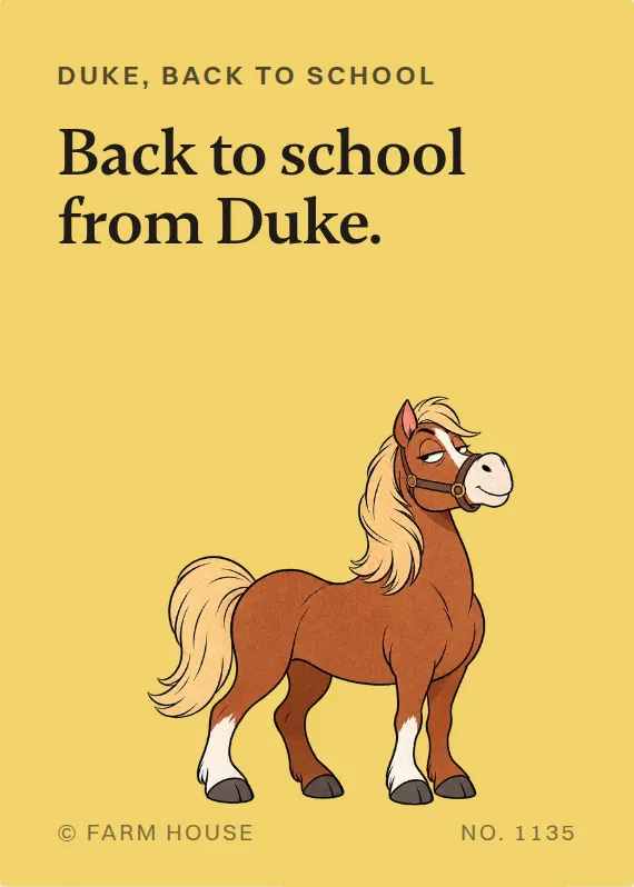Duke back to school card: Back to school from Duke.