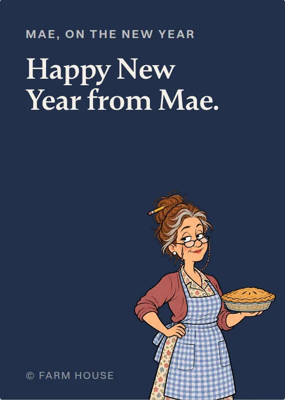 Mae new year’s day card: Happy New Year from Mae.